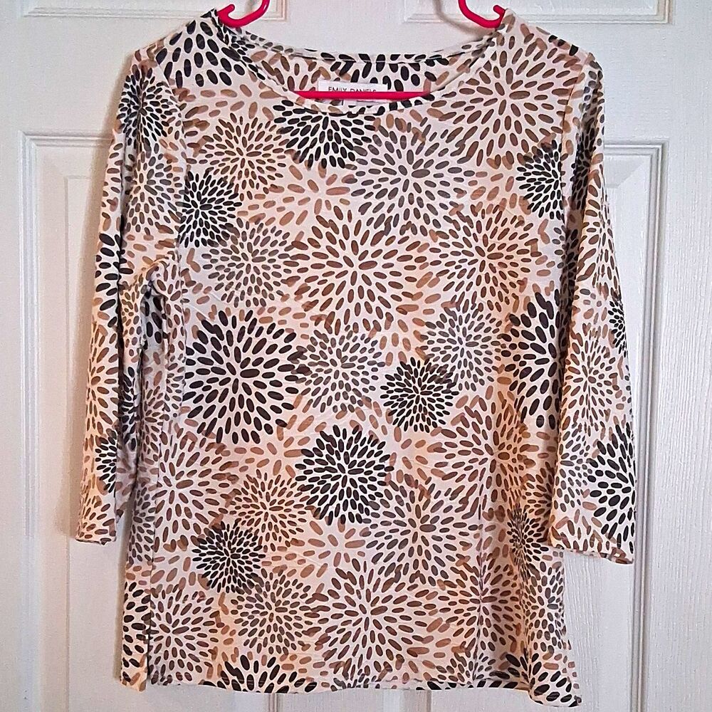 Emily Daniels 3/4 Sleeve Blouse Top Size S Starburst Floral Neutral Cream Gray